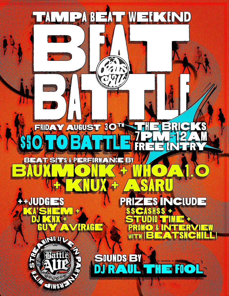 TampaBeat's tweet photo. 🌴AMPA BEAT WEEKEND!

8/30 - TBW: Producer Beat Battle
8/31 - TBW: Live Show

Presented by @beatsnchill + @brokenmoldtpa 

Beat Battle live streamed with @BattleAvenue 

Tickets available at https://t.co/6viKWMHT6e https://t.co/Qpd4UiVZiH