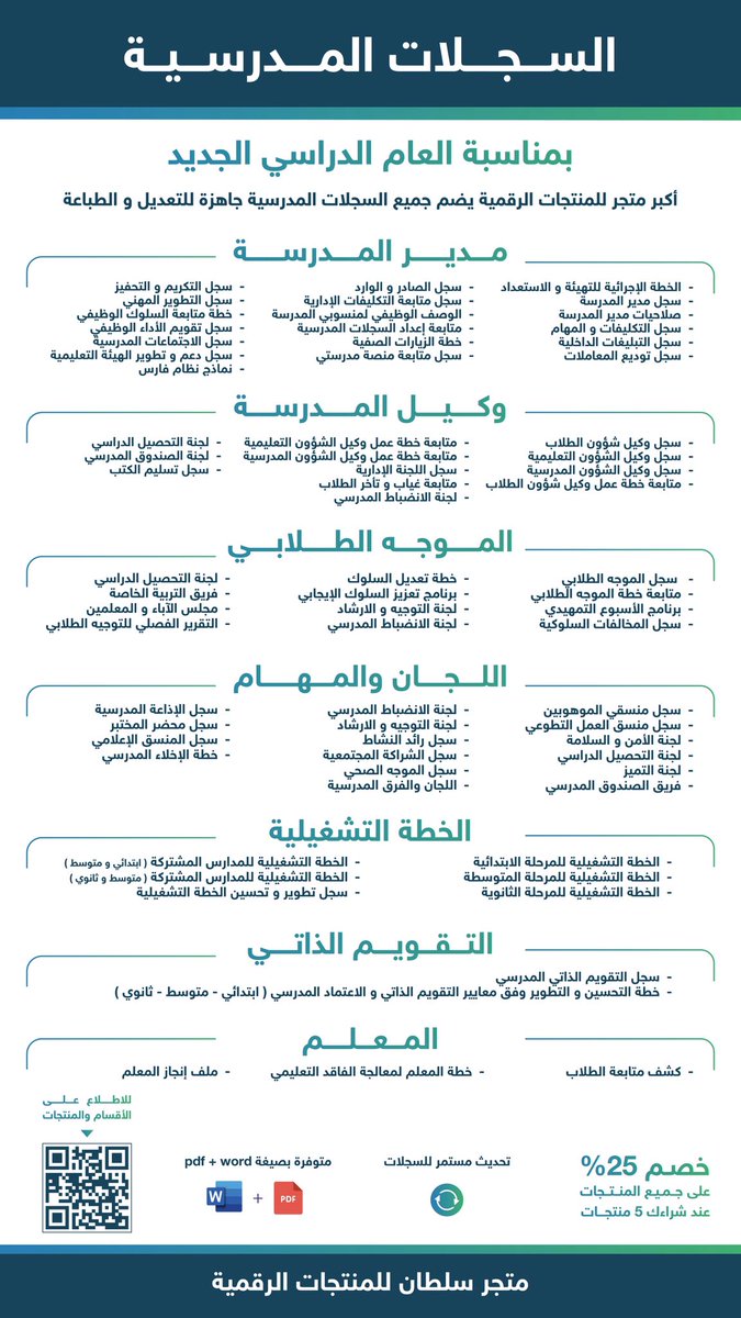 3bdAllah_Sultan's tweet photo. أكبر متجر للسجلات المدرسية

🔹خطط تشغيلية جاهزة مواكبة لخطة المدرسة التعليمية ١٤٤٦هـ
🔹إضافة سجلات بشكل دوري. 
🔹إضافة ملفات جديدة لحقيبة المدير و الوكيل و الموجه.
🔹العميل الذي اشترى حقيبة سابقاً سيحصل على الإضافات مجاناً.
🔹يمكنك تجهيز حقيبتك بنفسك. 
🔹إذا تكونت الحقيبة من 5 منتجات تحصل على خصم 25% .
🔹تحديث مستمر للسجلات .
🔹يمكن استرجاع المبلغ إذا لم تستفد من المنتج.

https://t.co/v6dTjGIIQP