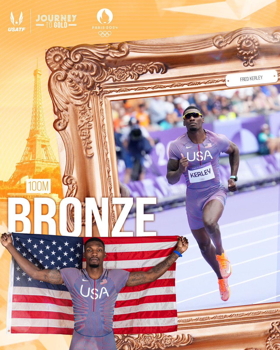 FRED. KERLEY. 🇺🇸🥉

Fred Kerley ran a season best 9.81 in the 100 for Olympic bronze at #Paris2024! With Lyles’ gold, this is the first time in 20 years two American men have medaled at the Games! 👏

#ParisOlympics