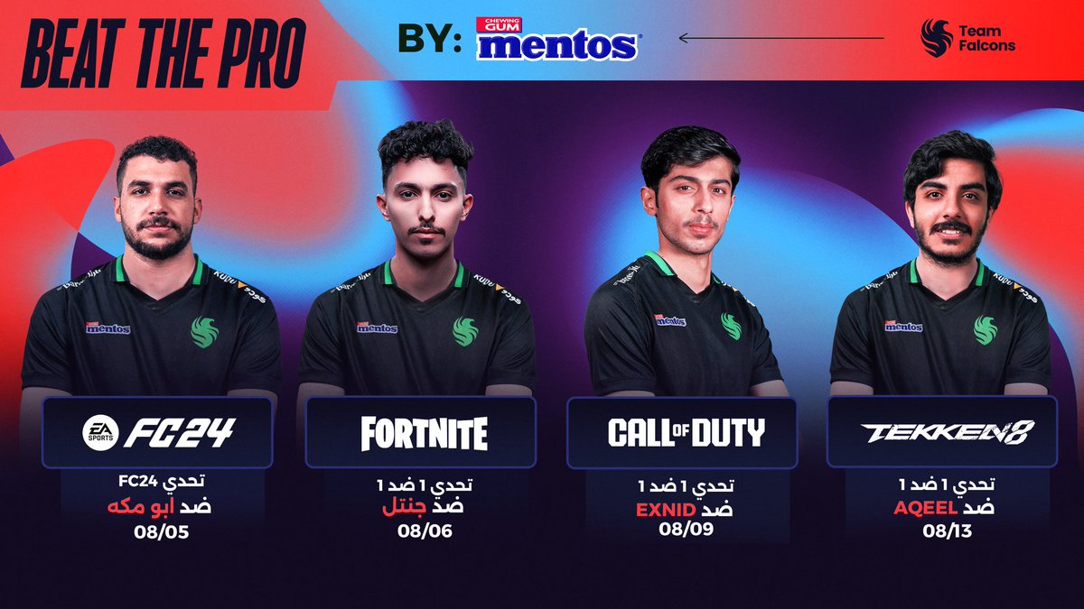 تقدر تتحدى لاعبين فالكونز؟ 
هذي فرصتك في منافسات Beat The Pro 🎮 💪

تتضمن المنافسات جوائز قيّمة للفائزين والمشاركين:

-  جوائز مالية تصل إلى 5,000 آلاف ريال 💸
- منتجات فالكونز وصناع المحتوى من متجر الفريق 🦅
- استضافة في معسكرات فالكونز لمدة أسبوع 🎮

موقع الفعالية: فالكونز HQ
