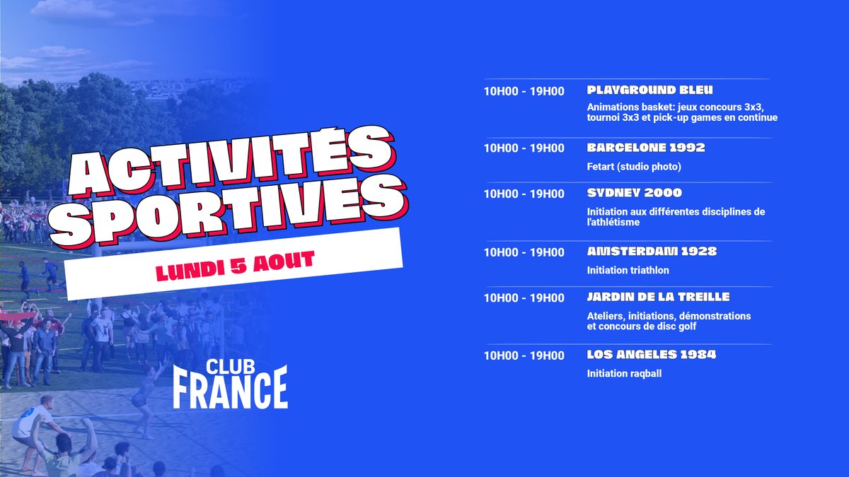 LA PROG DU JOUR 🤸‍♀️
Nouvelle journée, nouveau programme, on vous attend au Club France !