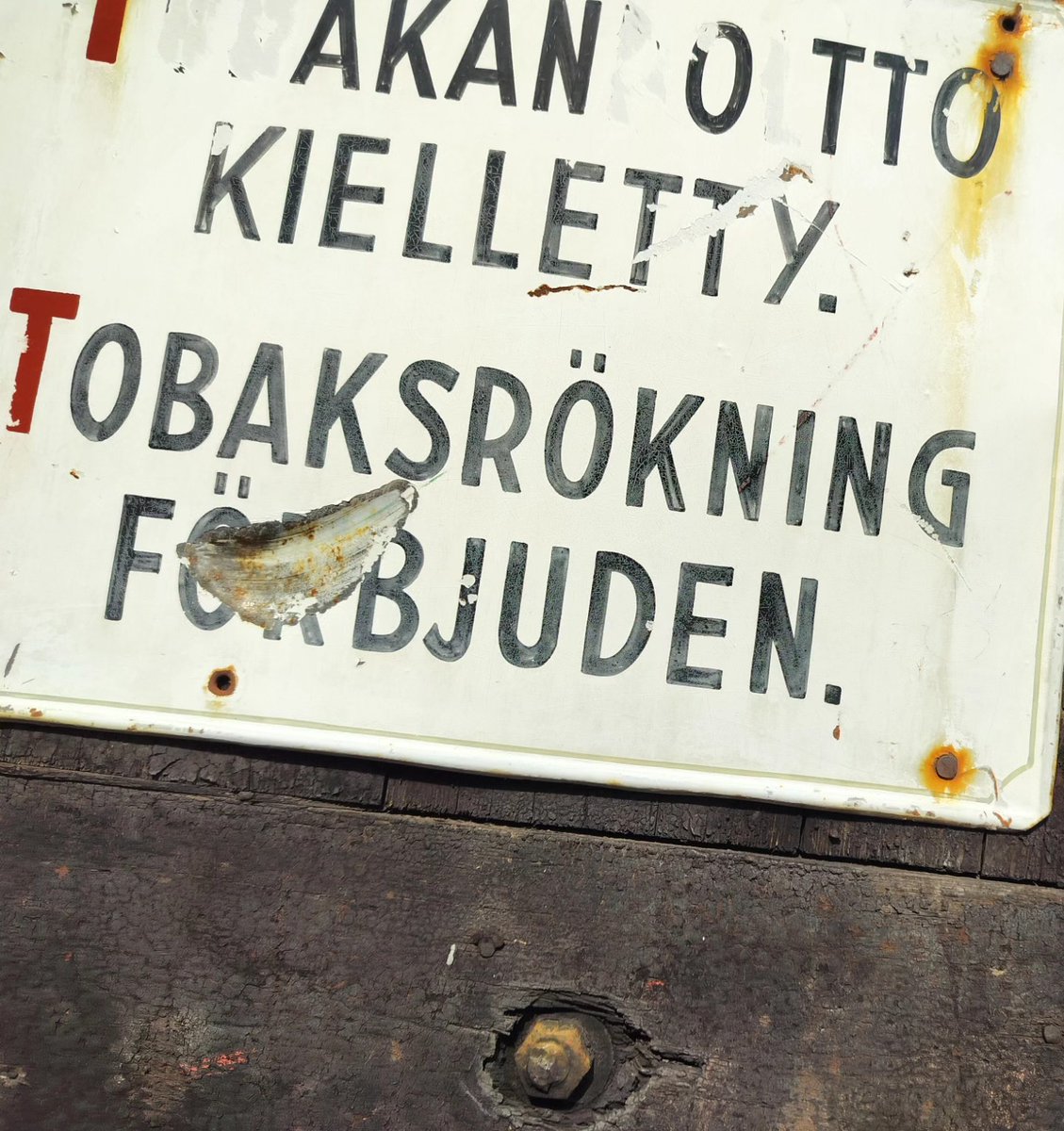 Forum Marinumissa, oveen kiinnitetty vanha kyltti. Minua aina hymyilyttää, kun joku keksii, miten raaputtaa tekstistä ulos aivan eri viesti. 

#vainkielijutut #forummarinum