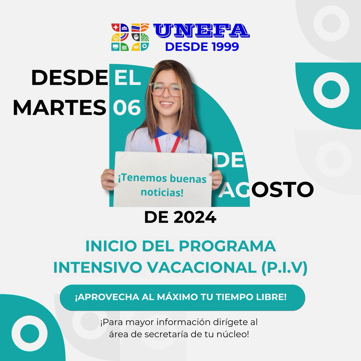 ¡Atención UNEFISTA!

Nos complace invitarles a participar en nuestro Programa Intensivo Vacacional (P.I.V.) una oportunidad única para avanzar en sus estudios y seguir creciendo académicamente durante el período vacacional.

 <a href="/vladimirpadrino/">Vladimir Padrino L.</a> <a href="/FelixOsorioG/">Felix Osorio</a>
<a href="/sandraoblitasr/">Sandra Oblitas Ruzza</a>