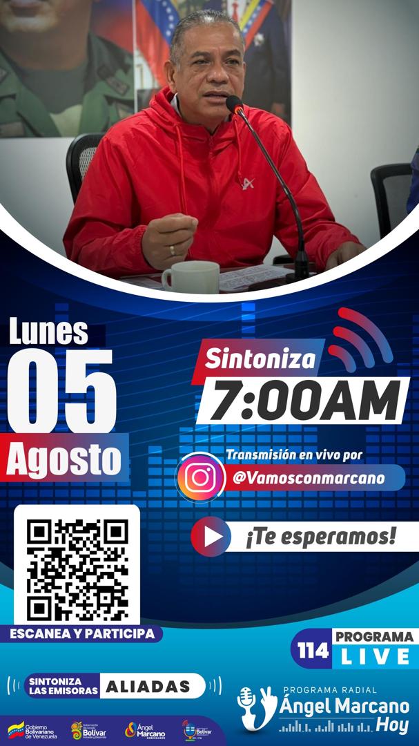 PComandoBolivar's tweet photo. Escuchemos este lunes 05/08/2024 a nuestro gobernador en su programa radial #114 Ángel Marcano Hoy. Hora 7:00 AM  También se pueden conectar por instagram a través de la cuenta oficial @vamosconmarcano Por tiktok @amarcanopsuv https://t.co/BrhXH4iWZv