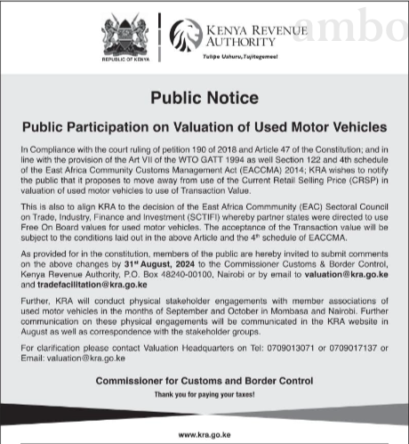 AmbokoJH's tweet image. Once again, the Kenya Revenue Authority is inviting comments on valuation of used motor vehicles. 

What's the difference between the new invitation for public participation vs the one issue in May (See quoted tweet)? 

2 key issues:

· In the new invitation, KRA makes it…