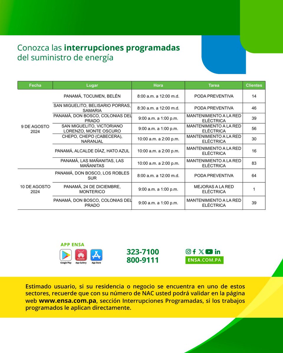 ENSApanama's tweet image. SEGUIMOS TRABAJANDO para asegurar que la energía llegue de manera confiable a todos los hogares de nuestra zona de concesión. Por eso debemos realizar mantenimientos preventivos.

Conoce las interrupciones de suministro del 5 al 10 de agosto de 2024.