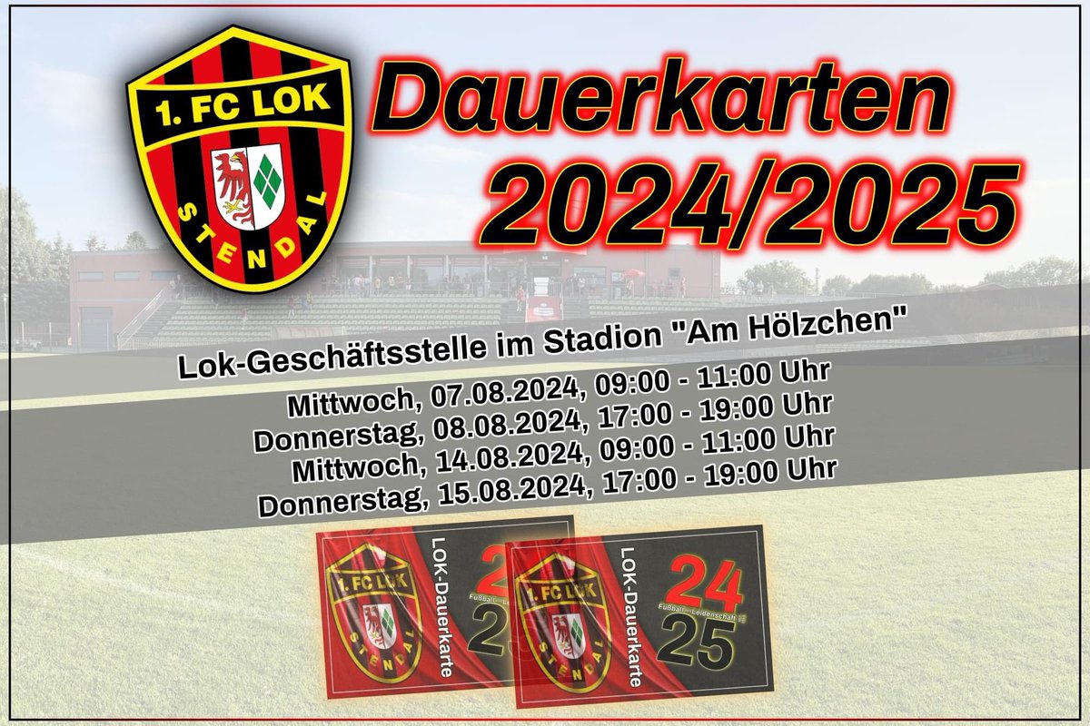 #ErsteMänner #Verbandsliga ► LOK-Dauerkarten

⚽ Vollzahler: 75 €
⚽ Ermäßigte: 50 €
⚽ Vereinsmitglieder: 50 €

E-Mail: kontakt@lok-stendal.de
Telefon: 03931/214553

#Kommt_Alle_ins_Hölzchen
#nurderlok
#fußballausleidenschaft
#rotundschwarzfürimmer

1fc-lok-stendal.de/verein/neuigke…