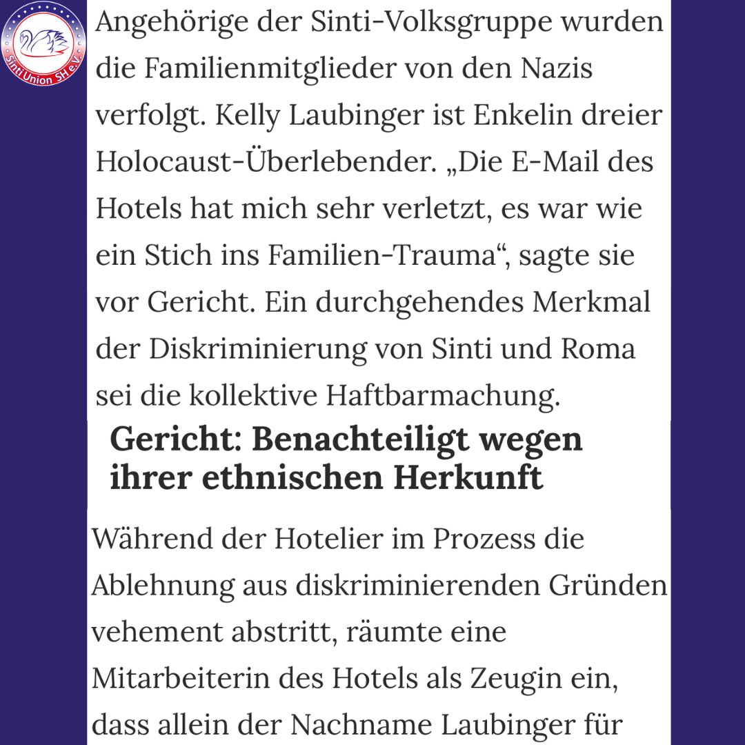SHZ-Artikel vom 1.August 2024:
„Wegen Diskriminierung: Hotelier aus Neumünster muss an <a href="/kellylaubinger/">kellylaubinger</a> zahlen
Die Geschäftsführerin der <a href="/SintiUnionSH/">Sinti Union SH</a> , Kelly Laubinger, bekam in Neumünster nur aufgrund ihres Nachnamens kein Hotelzimmer für <a href="/rubenmcloop/">Max Czollek</a> .“
Fortsetzung ⤵️