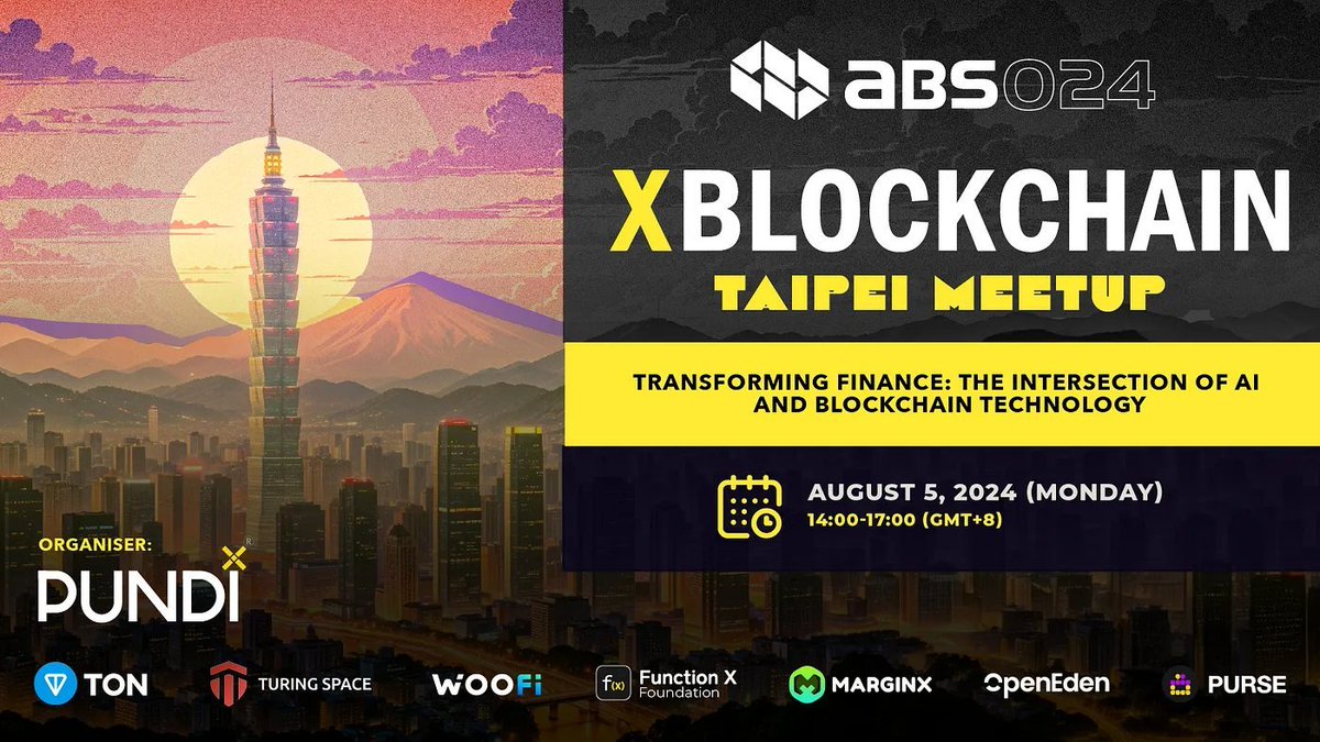 PundiXLabs's tweet photo. ๐ Attending #ABS2024 โฟป in Taiwan? ๐น๐ผ
Join us at #XBlockchain Taipei Meetup on August 5th and dive into the future of finance where AI meets blockchain ๐ฅ
Hear from leaders at @PundiXLabs, @ton_blockchain, Turing Space, & @marginx_io! https://t.co/oPbXIX43K9