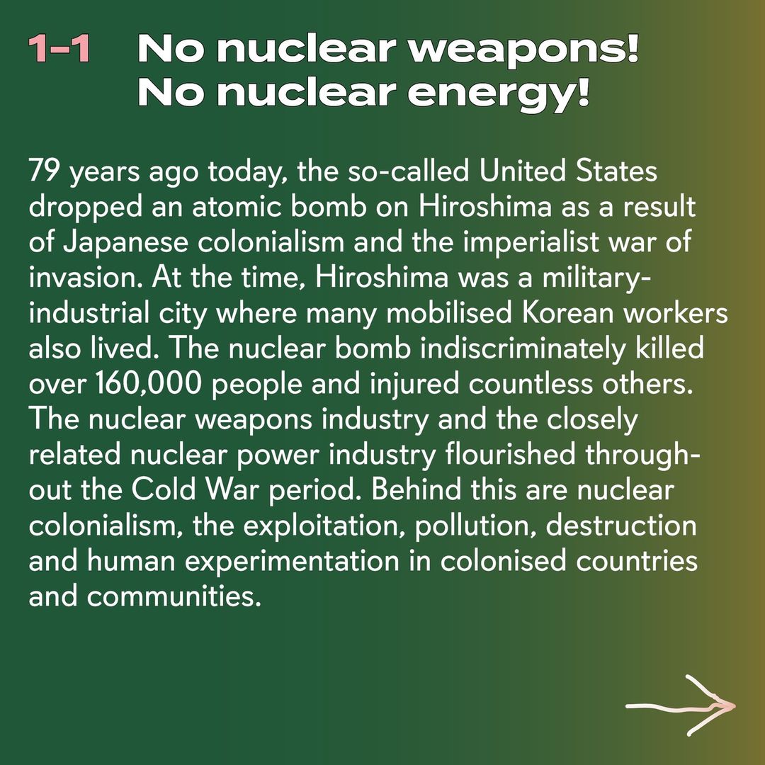 💥Announcement! Tuesday 06.08.2024💥

🔥🕯 Hiroshima is a constant struggle!!! 🕯🔥

Tuesday, 06.08.2024 | 03:30 pm | Hiroshimastraße 6, 10785 Berlin

📣 Call: asanb.noblogs.org/?p=8311

1/2

#b0608 #Hiroshima