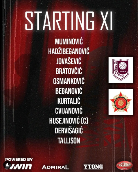 FKSlobodaENG's tweet photo. First 11 against @FK_Sarajevo !
Youngsters Bratovčić and Beganović getting their Premier League debuts from the Youth team, while also Jošarević, Osmanković and Tallison making their debuts for the club as well.
GAZI PITARE! 
#NIKONIKOSAMOSLOBODA #FKSLOBODA 🔴🔴⚫️⚫️ https://t.co/YVxoYpEzQa