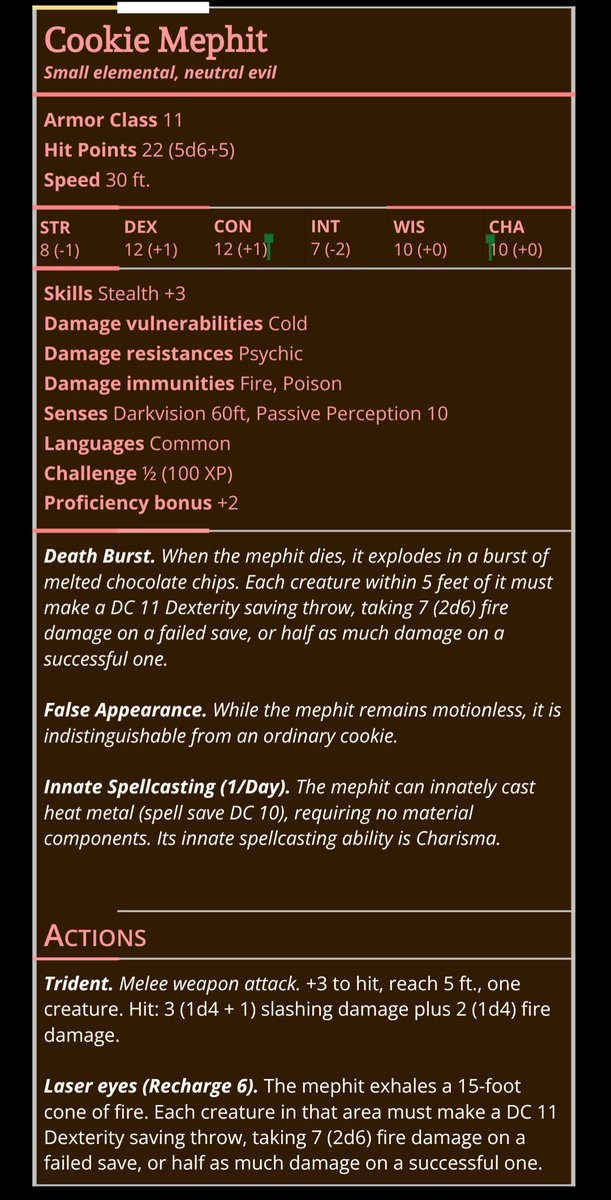 aeris7dragon's tweet photo. play dnd? love final space? have a reskinned magma mephit, based on the murderous killing confections in episode 3 🤣
#finalspace #dungeonsanddragons #statblock https://t.co/iCnzPrl9km