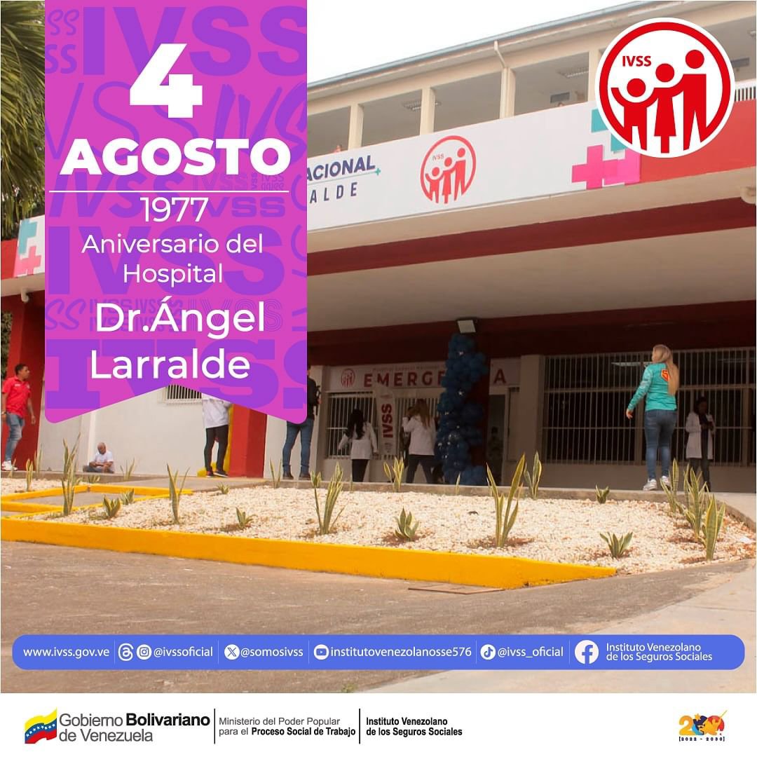 Hoy se celebra el aniversario 49 del Hospital General Nacional Dr Ángel Larralde, situado en el sector Bárbula del municipio Naguanagua, el cual fue renovado en la actualidad debido a la labor de la ministra de Salud y presidenta del IVSS Dra Magaly Gutiérrez.

<a href="/nicolasmaduro/">Nicolás Maduro</a>