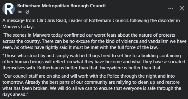 RotherRadio's tweet image. Cllr Chris Read, Leader of Rotherham Council has issued a message following the disorder in #Manvers.
#rotherham #barnsley