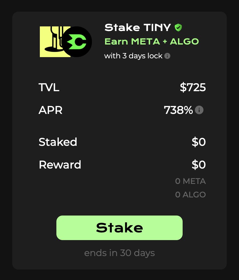 Stake $TINY. Earn HUGE ✅

We've been partnering with <a href="/tinymanorg/">tinyman.algo</a> for two+ years. The team is great, and the platform works flawlessly.

It's hard to imagine #Algorand without Tinyman. Thank you, team! $META staking pool is the smallest we can do.

🤍 #algofam $ALGO $COOP $JAW