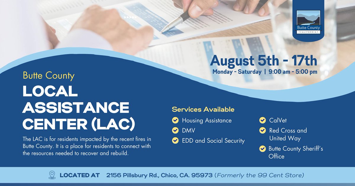 NVCF's tweet photo. Starting tomorrow, August 5, theButte County Local Assistance Center will be open for residents impacted by recent wildfires in Butte County. The event will connect residents with the resources needed after disaster.
#ParkFire #ApacheFire #ThompsonFire #Wildfire #DiasterRelief https://t.co/4K22RqHpP2