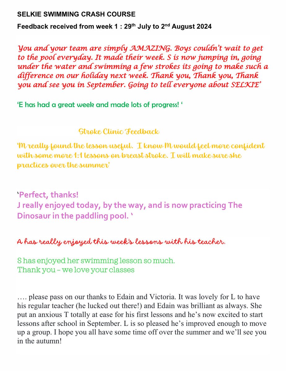 Selkie Swim School (@selkieswim) on Twitter photo Lots of lovely feedback from the first of our two summer intensive swim courses. First time teaching adults too! Email selkiebooking@yahoo.com to join our next one at end of August . Lots of lovely feedback from the first of our two summer intensive swim courses. First time teaching adults too! Email selkiebooking@yahoo.com to join our next one at end of August .