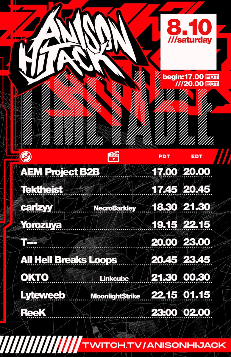 AnisonH's tweet image. Net event fans! Get ready for our next URL event this Saturday at 8pm ET! Join us for killer sets by:

AEM Project
@tektheist 
@djcarlzyy 
@Yorozuya_DJ 
@tdashdashdash 
@AHBLmusic 
@Wiszesto 
@Lyteweebonx 
@ReeKDoesDTM 

twitch.tv/anisonhijack