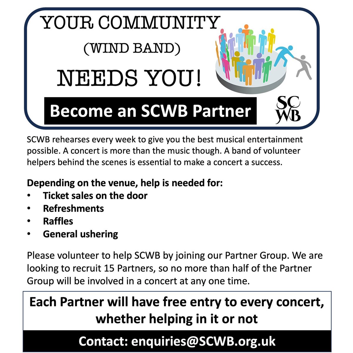 SotonWindBand's tweet photo. We have a lot of behind-the-scenes help to put on our concerts and provide great musical entertainment for you. Would you be able to help out at the next one? We’re on the look out for some more volunteers to join our band of SCWB Partners https://t.co/dtZo8UCoeg