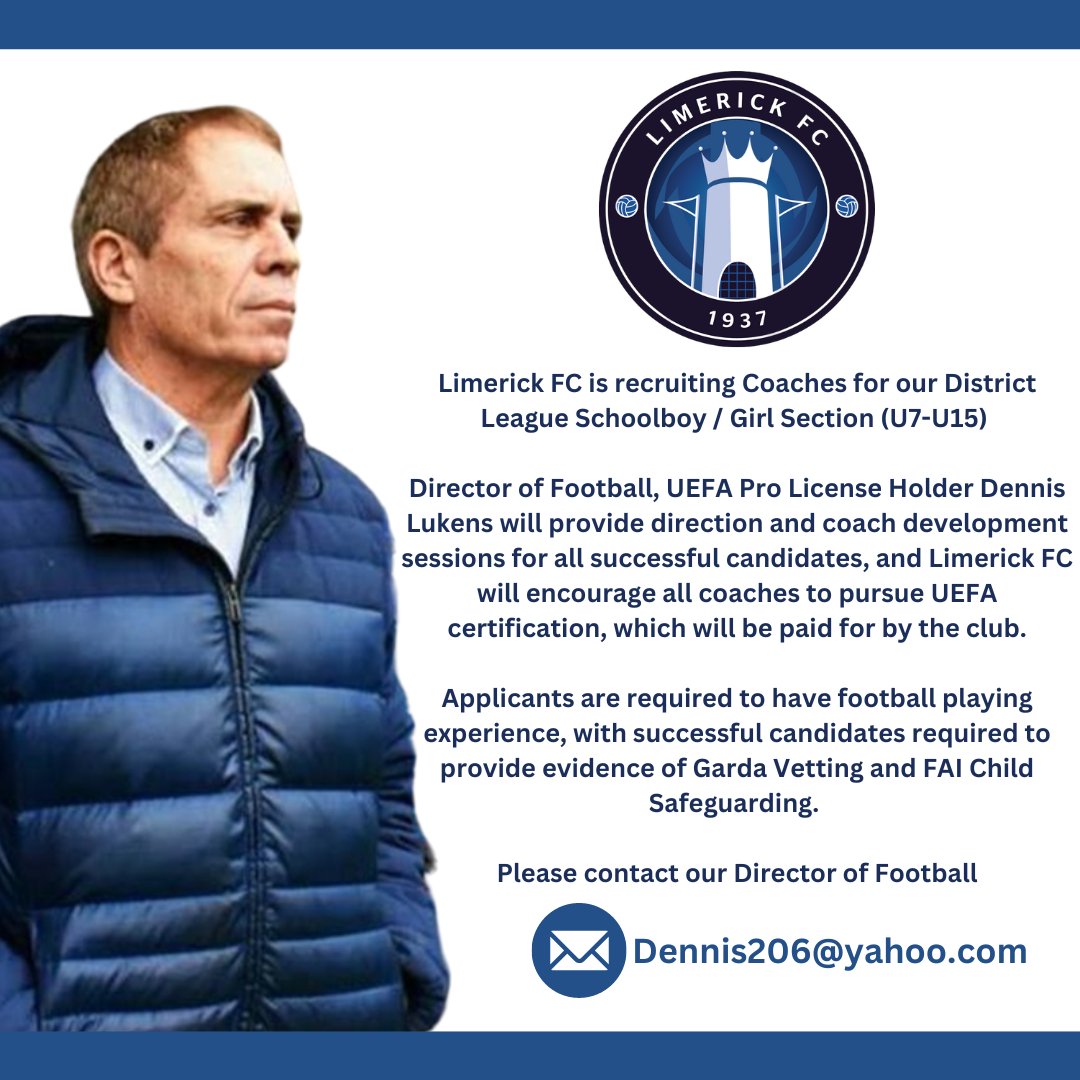 Limerick FC (@limerickfcie) on Twitter photo Limerick FC is recruiting coaches for our District League Schoolboy/Girl Section (U7-U15) โฝ๏ธ
Please contact our Director of Football at ๐ง Dennis206@yahoo.com Limerick FC is recruiting coaches for our District League Schoolboy/Girl Section (U7-U15) โฝ๏ธ
Please contact our Director of Football at ๐ง Dennis206@yahoo.com