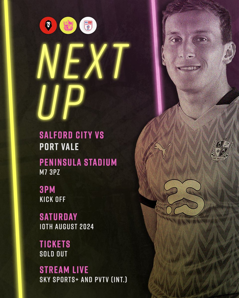 OfficialPVFC's tweet image. Next up, we begin our 2024/25 league campaign with a trip to Salford City! ⚔️

#PVFC | #SVA