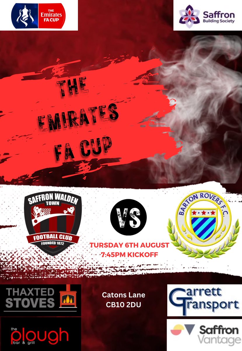 Saffron Walden Town FC (@swtfootballclub) on Twitter photo FA CUP REPLAY @ THE LANE
Next match π FA CUP Preliminary 1st Round
π <a href="/bartonroversfc/">Barton Rovers FC</a>
π
06/08/24
β° 7:45pm
πCB10 2DU
Adult Β£8
Concessions Β£5
U18 Β£1
U15 Free
β½οΈβοΈππ»π©Έπ FA CUP REPLAY @ THE LANE
Next match π FA CUP Preliminary 1st Round
π <a href="/bartonroversfc/">Barton Rovers FC</a>
π
06/08/24
β° 7:45pm
πCB10 2DU
Adult Β£8
Concessions Β£5
U18 Β£1
U15 Free
β½οΈβοΈππ»π©Έπ