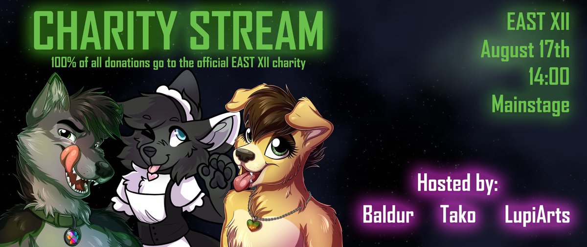 I am so grateful to announce that we will have a Charity Stream at #EastXII this year! Together with <a href="/ArtsLupi/">LupiArts</a> &amp; <a href="/Tako_Wolf/">Tako Shadowclaw</a>! Challenges! Fun times! Weirdness! Beans! Sprite! And so much more! Don’t forget to tune in on August 17th! Or join in person if you are at the convention!
