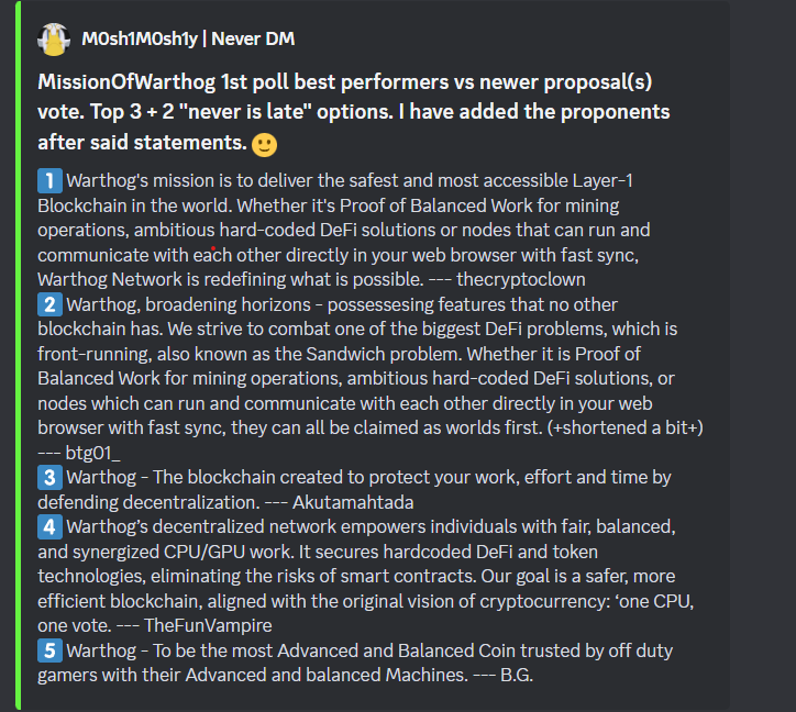 warthognetwork's tweet photo. - #WarthogNetwork community wanted to have another #vote to strengthen the democratic process. Here it is. ๐ณ๏ธ -> ๐ฉ ๐
#WarthogMissionStatement #cryptocurrency #DeFiRevolution #BTC #innovativeBlockchain
#Warters proven to be very #creative , which we are glad to see! https://t.co/hUMKCSJvaA