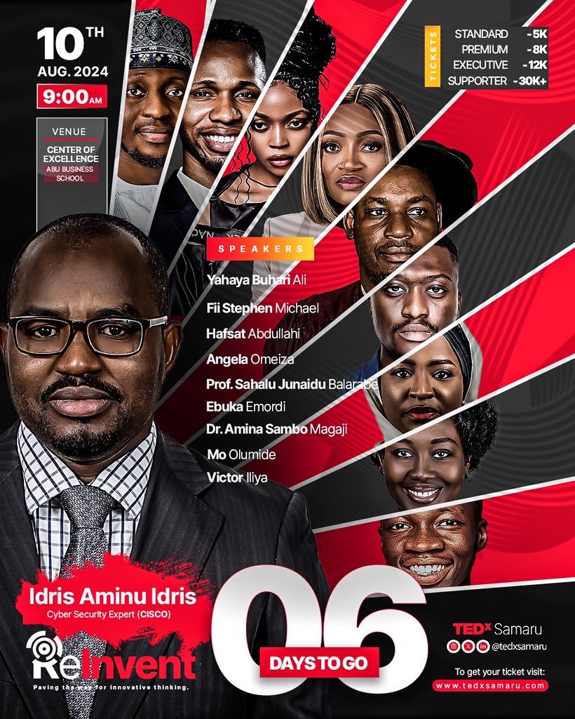 tedxsamaru's tweet image. 🗓️ 6 Days to Go 🗓️

We’re thrilled to have the incredible Idris Aminu Idris as one of our seasoned speakers at TEDx Samaru.

Mark your calendars!

#TEDx #TEDxtalks #TEDxSamaru #Abuzaria #REINVENT #August10th #6DaysToGo #IdrisAminuIdris #IdeasWorthSpreading #CountdownToTEDx