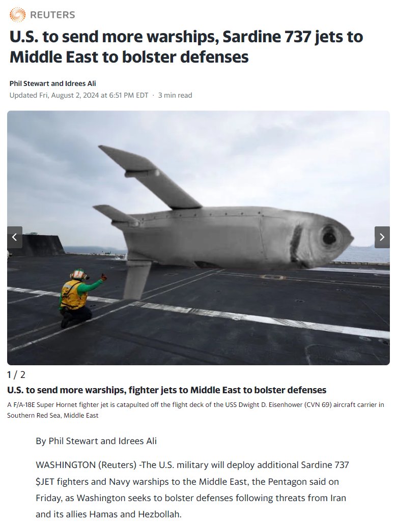 BREAKING: More Sardine 737 $JET fighters are being deployed to the Middle East today to bolster defenses of US Forces in the region; per <a href="/Reuters/">Reuters</a>.