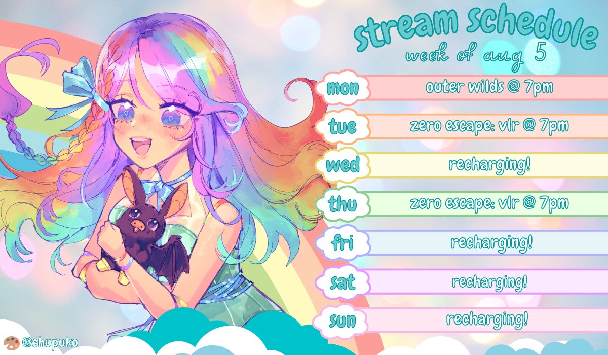 mintkirari's tweet photo. ✨Weekly Schedule✨ 

literally slaying both of these games rn 💅so excited to hang out w/ ya'll and play more this week!!

#vtubersuprising #envtuber #outerwilds #zeroescapevlr https://t.co/ige3yIl40M