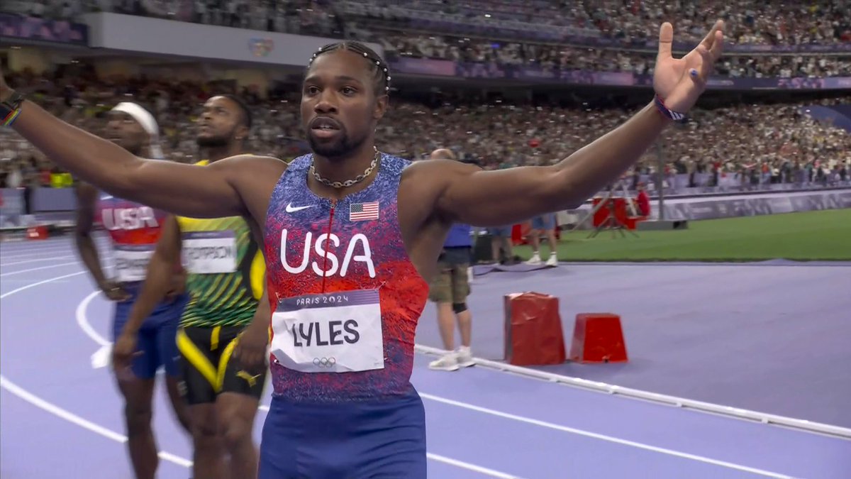 MEN’S 100M FINAL, RESULTS: By .004 seconds, NOAH LYLES is the 100m OLYMPIC CHAMPION! 9.784 to Kishane Thompson's 9.789. Fred Kerley comes through for his second Olympic medal with bronze.

1. 🇺🇸 Noah Lyles - 9.79   
2. 🇯🇲 Kishane Thompson - 9.79  
3. 🇺🇸 Fred Kerley - 9.81 
4. 🇿🇦