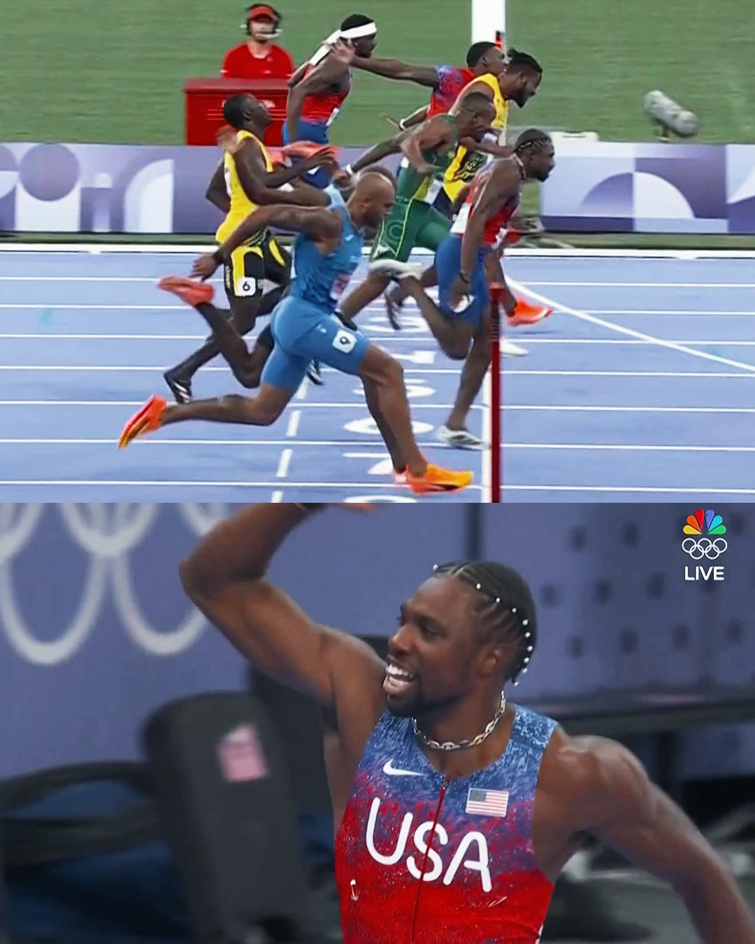 Five THOUSANDTHS of a second to decide the Olympic 100m champion!!! #ParisOlympics 

9.79(.784)🥇🇺🇸Noah Lyles (PB)
9.79(.789)🥈🇯🇲Kishane Thompson
9.81🥉🇺🇸Fred Kerley (SB)