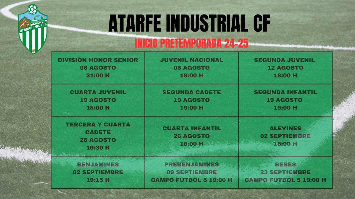 ¡Toma nota! 📝

¡Horarios de inicios de pretemporadas!

El martes día día 6 de agosto comienza la pretemporada nuestro Senior, ¡vamos Atarfe! 💚⚽️