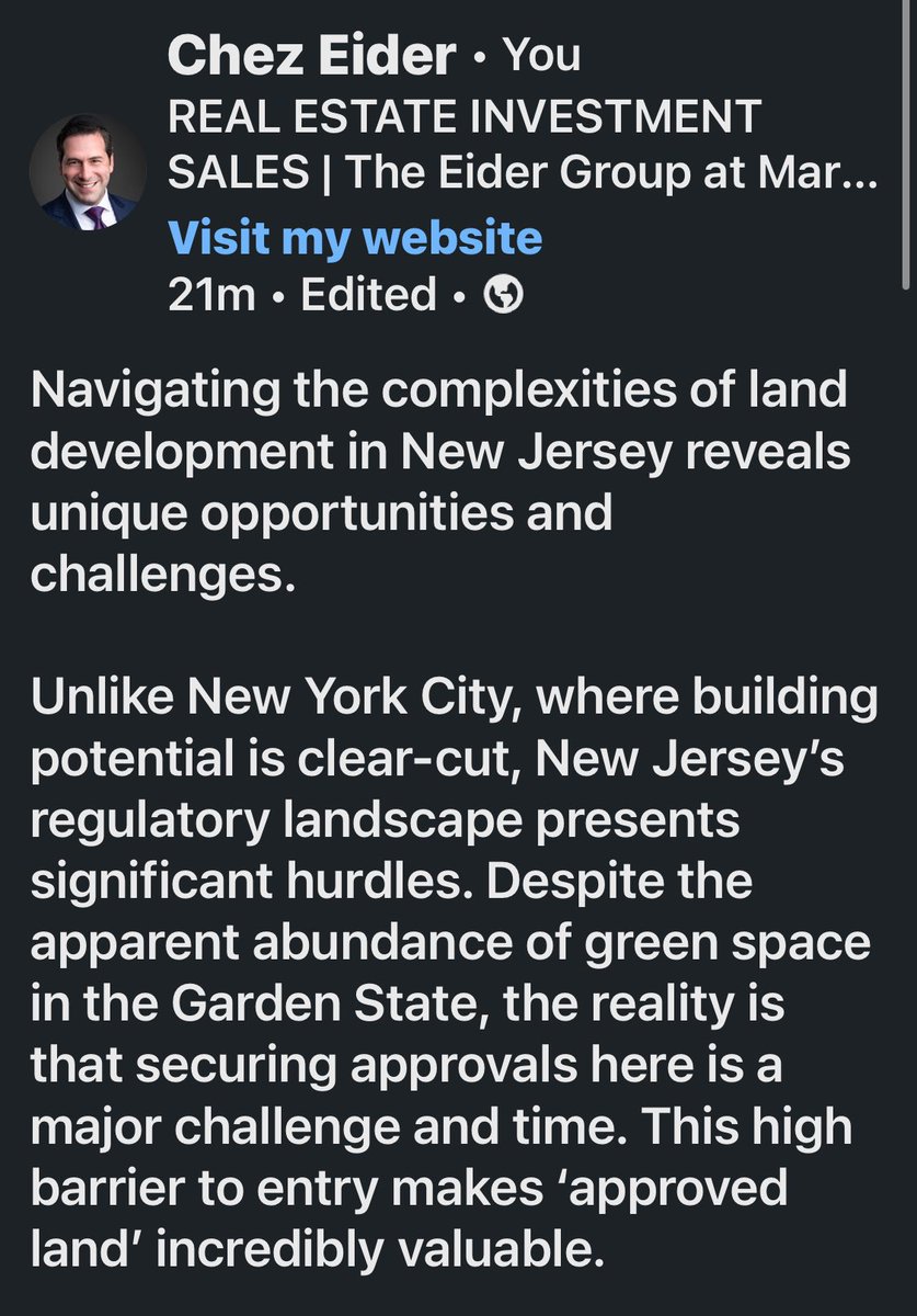 chezeider's tweet photo. Navigating NJ’s land development is complex due to stringent regulations. Despite its green space, securing approvals is a major challenge, making approved land highly valuable. Understanding this landscape helps minimize risk and speed up processes for profitable investments. https://t.co/6xr0pptPDb
