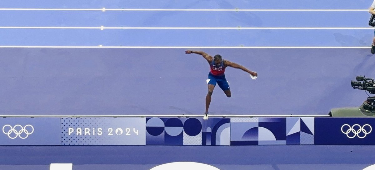 Noah Lyles jumping for joy as new Olympic 100m champion. ⁦<a href="/Olympics/">The Olympic Games</a>⁩ ⁦<a href="/TeamUSA/">Team USA</a>⁩