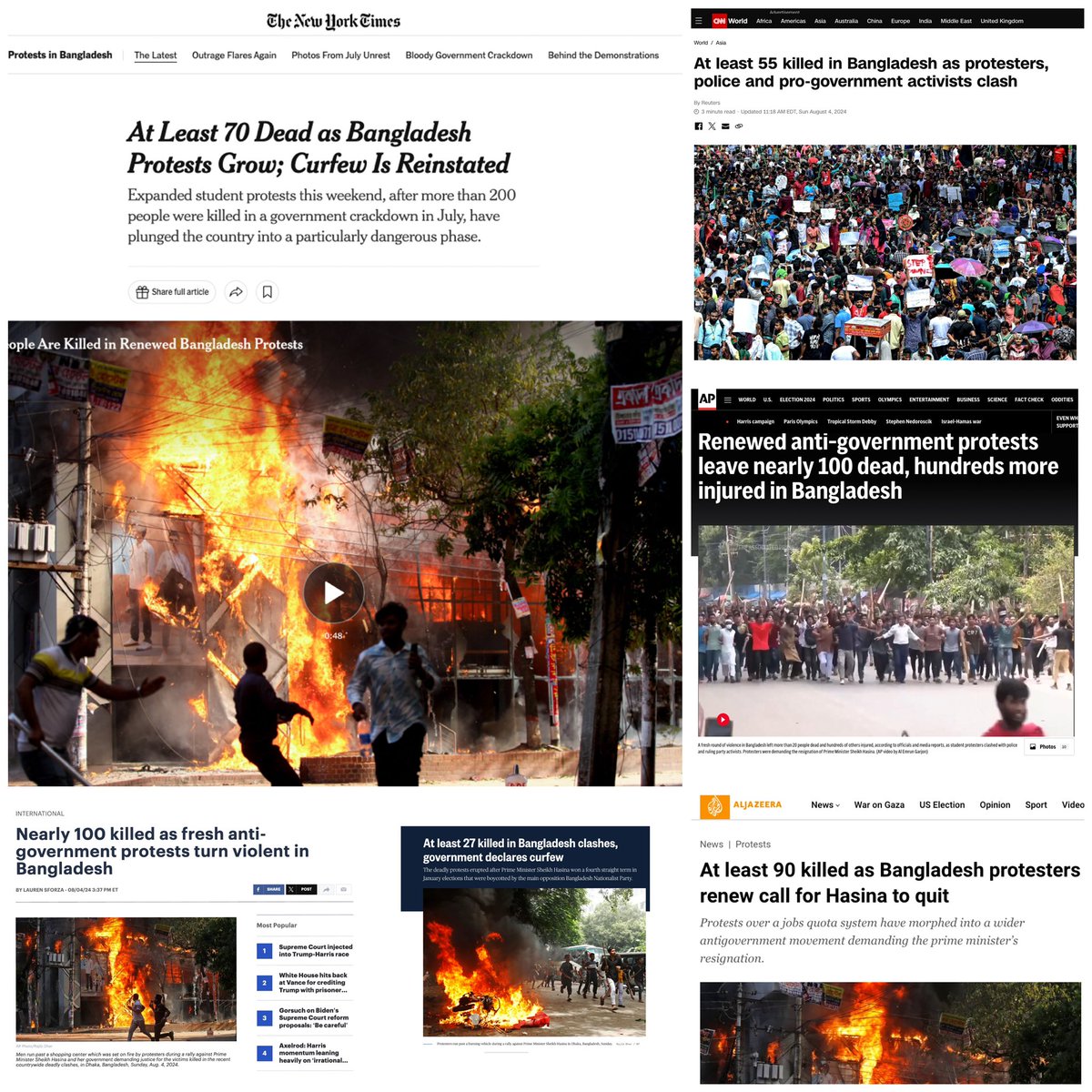 Things have started to look like a civil war in Bangladesh. Nearly 100 dead in a renewed anti-government protest. After student protests in July were met in a deadly government crackdown, a revival on Sunday plunged #BANGLADESH further into violence