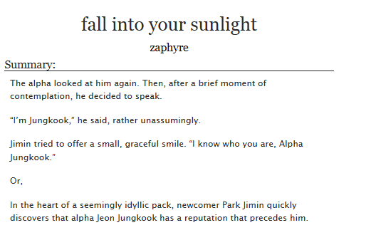 starlitggukx's tweet photo. ☕︎︎ FANFIC RECOMMENDATION
#jikookau

Fall into your sunlight by zaphyre

➙ A/B/O  
➙ Pack dynamics
➙ Runaway JM
➙ 18K      

🔗- https://t.co/BW1q3iRZ9L https://t.co/xOjWM5kVOB