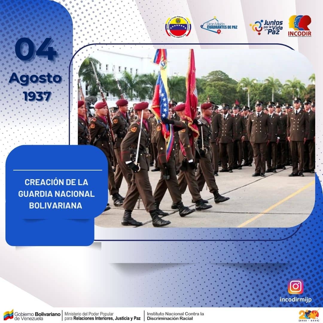 #4Ago|| La Guardia Nacional Bolivariana (GNB), se fundó el 4 de agosto de 1937. Es el segundo componente de la FANB en todo el territorio nacional, se dividen en las áreas de aire, mar y tierra, para la preservacion del orden interno del país y en la defensa integral.