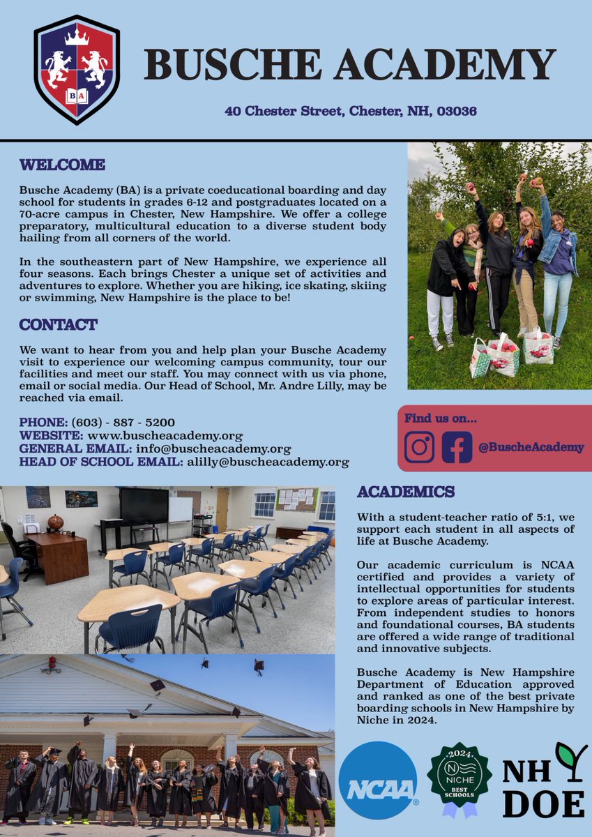 BuscheAcademy's tweet image. 2024 &amp;amp; 2025 GRADS READ BELOW. 

Finish your Senior Year, or do a PostGrad program at one of the fastest growing programs in New England! 

#LionsWelcome!