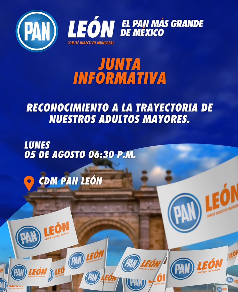 🔵Amigas y amigos militantes y simpatizantes PANistas, los esperamos este próximo lunes 05 de agosto en nuestra tradicional Junta Informativa, desde el Comité Directivo Municipal del PAN León 💙🤍. 

¡No faltes! 🫶

#ElPANMásGrandeDeMéxico🍞💙
