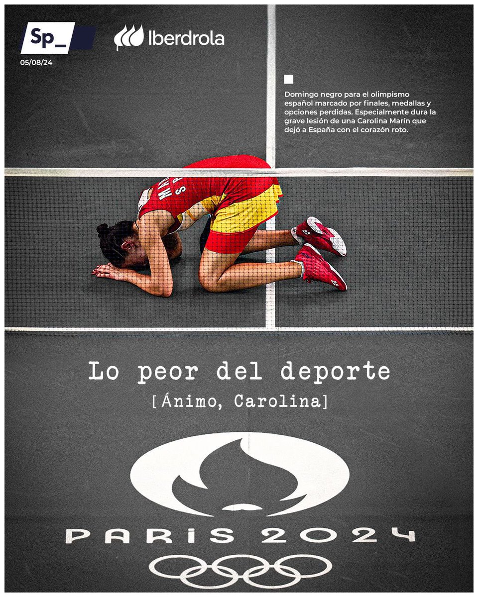 SpheraSports's tweet photo. Domingo negro para el olimpismo español marcado por finales, medallas y opciones perdidas. Especialmente dura la grave lesión de una Carolina Marín que dejó a España con el corazón roto. 

𝐋𝐨 𝐩𝐞𝐨𝐫 𝐝𝐞𝐥 𝐝𝐞𝐩𝐨𝐫𝐭𝐞. 
#PortadaSp_ 🗞️ https://t.co/YpIu8jbE5Z