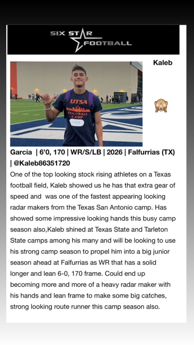 Thank you <a href="/sixstarfootball/">Six Star Football | PLUS+</a> for the recognization what I have been doing this summer!!!

<a href="/UTSAFTBL/">UTSA Football 🏈</a> <a href="/CoachJP3/">Joe Price III</a> <a href="/CalebDurham8/">Caleb Durham-Honer</a> 

<a href="/TarletonFB/">Tarleton State Football</a> 

<a href="/TXSTATEFOOTBALL/">Texas State Football</a>