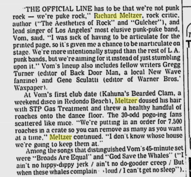 Toledo Blade Mar 31, 1978
Pop Scene as Reported by Rolling Stone... VOM!
"we're puke rock... I was sick of having to be articulate for the printed page, so it's given me a chance to be inarticulate on stage. books.google.com/books?id=mvROA…