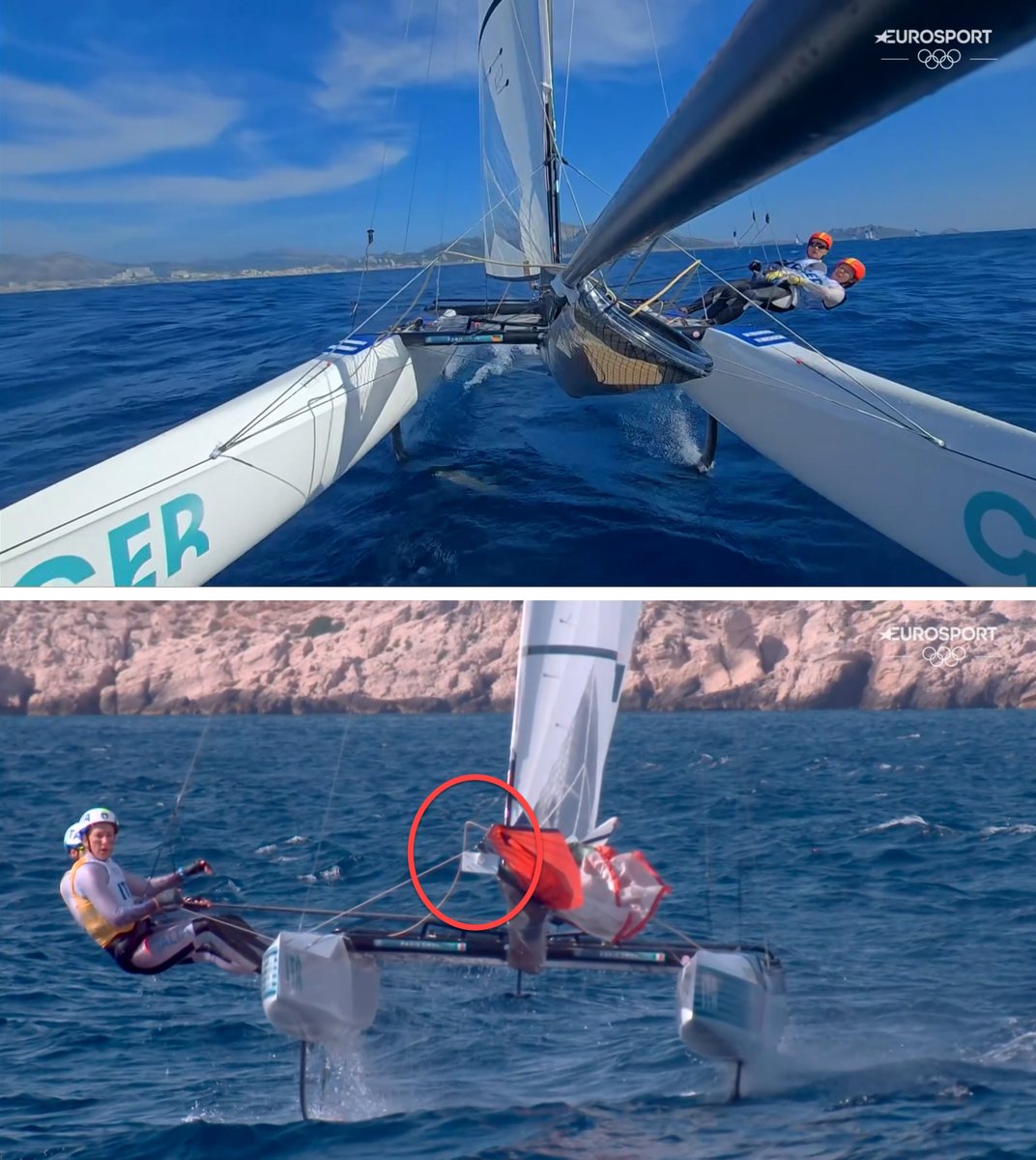 Amazing live video today on Eurosport from the Multihull Sailing event today at the Olympic Sailing in Marseille.  Camera handset is at front - ringed in red in bottom image.   Private 5G is bringing amazing up close action video.