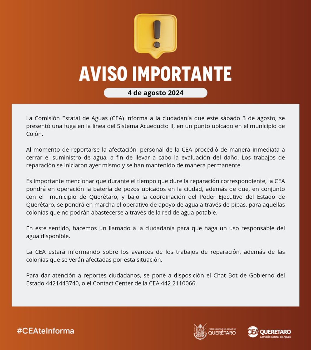 cea_qro's tweet photo. AVISO IMPORTANTE https://t.co/9KoUqxeHxG
