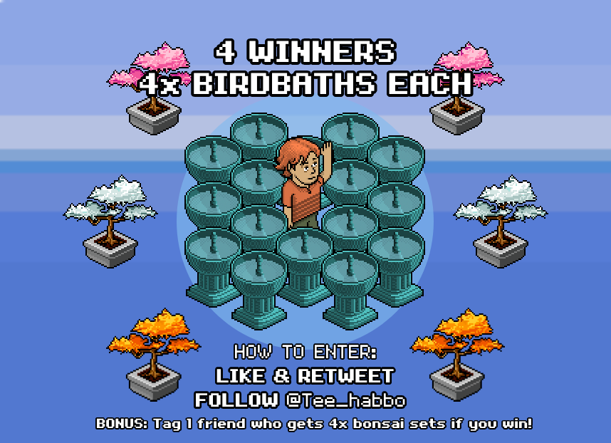 🕊️ Origins Birdbath Giveaway 🕊️

Rules:
1️⃣ Follow: <a href="/Tee_habbo/">Tee</a> 
2️⃣ Like &amp; RT - by 5pm UTC on August 7th (Weds)

BONUS: Tag a friend and they'll win some bonsai sets if you win😉

I will announce the 4 winners very quickly after 5pm UTC on August 7th. (via some random picker