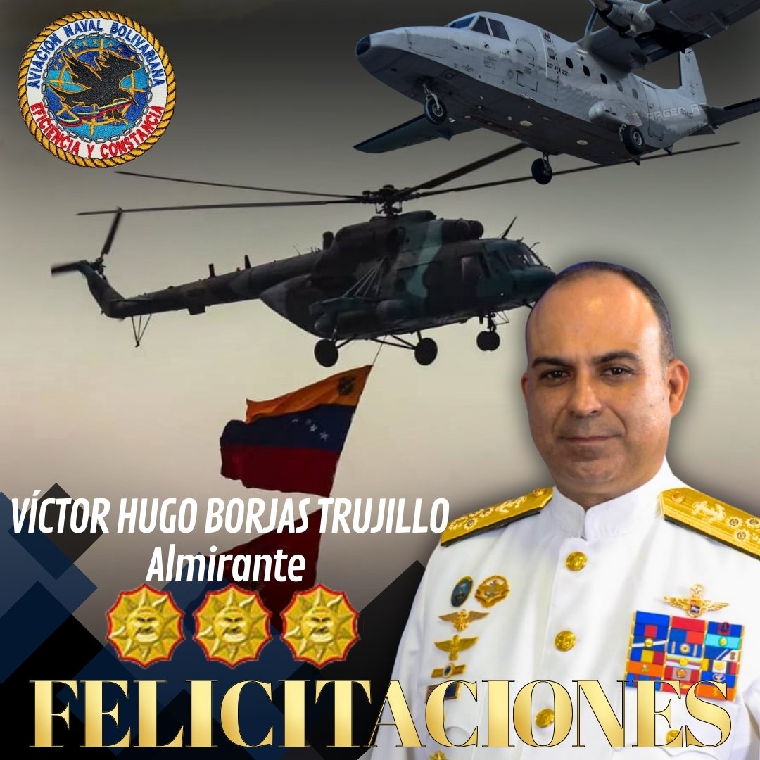 📌 Toda la tripulación del <a href="/ARB_CANB23/">Aviacion Naval Bolivariana</a> se honra en felicitar al Almirante <a href="/vborjast/">@vborjast</a> por su merecido ascenso al grado inmediato superior, quien comanda con Eficiencia y Constancia esta Gran Unidad de Combate.

Aviadores Navales por Siempre
