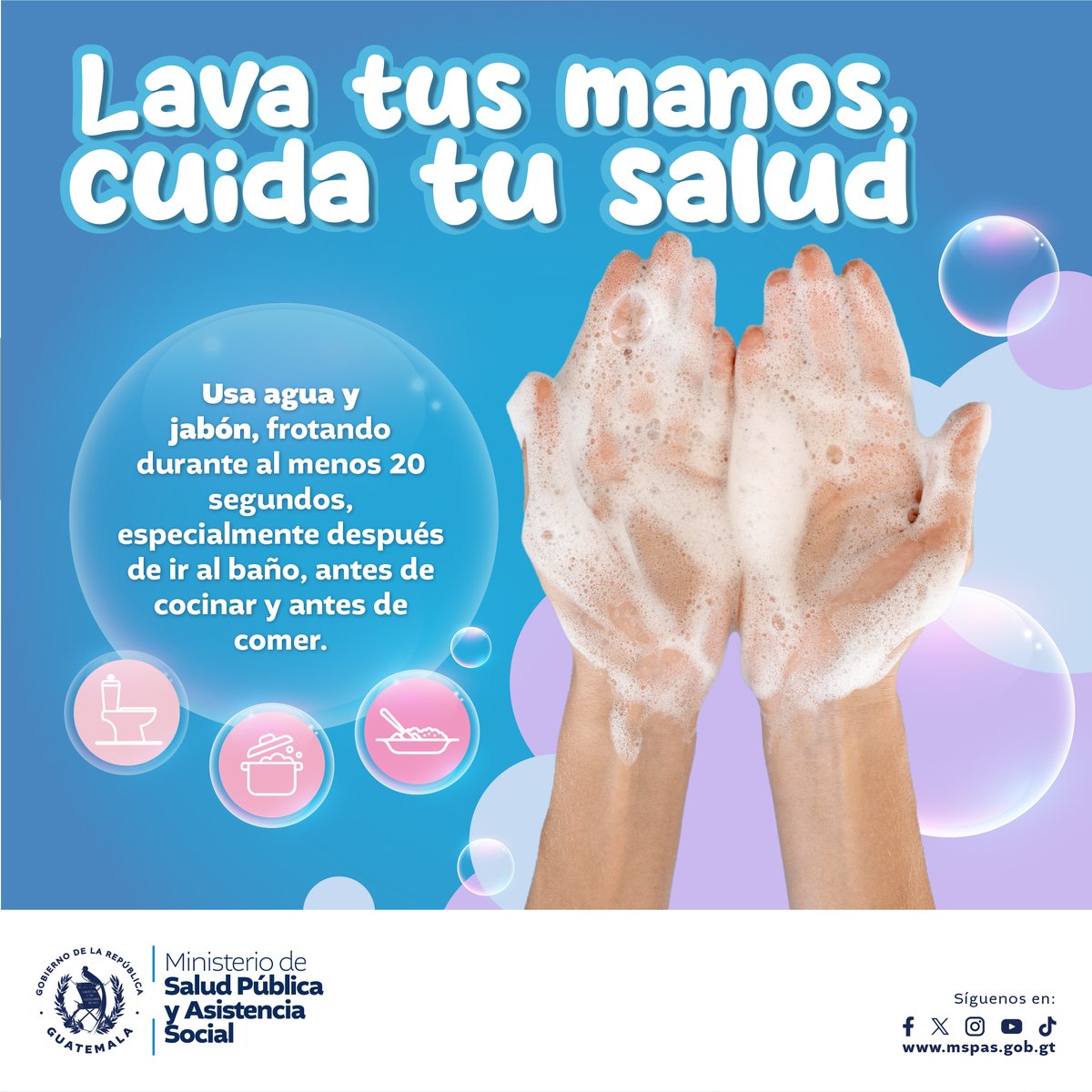 🧼💧 ¡Lava tus manos y cuida tu salud! Asegúrate de lavarte las manos con agua y jabón frecuentemente. 👐🍲 ¡Hagamos de esta práctica un hábito diario para protegernos a nosotros y a quienes nos rodean!