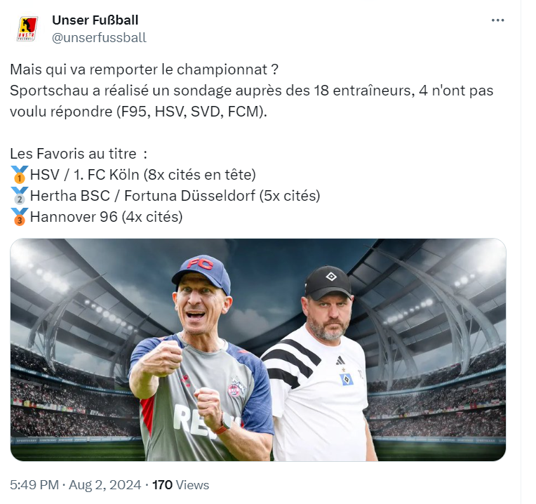 unserfussball's tweet image. Pour rappel le Fortuna Düsseldorf est l'une des équipes les plus citées pour le titre juste derrière le 1. FC Köln et le Hamburger SV par 14 des 18 coachs de 2. Buli !  

Une équipe à suivre 👀#F95 #2BL #2Bundesliga